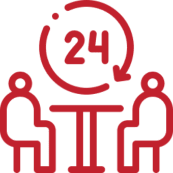 Two figures sitting with 24-hour symbol.