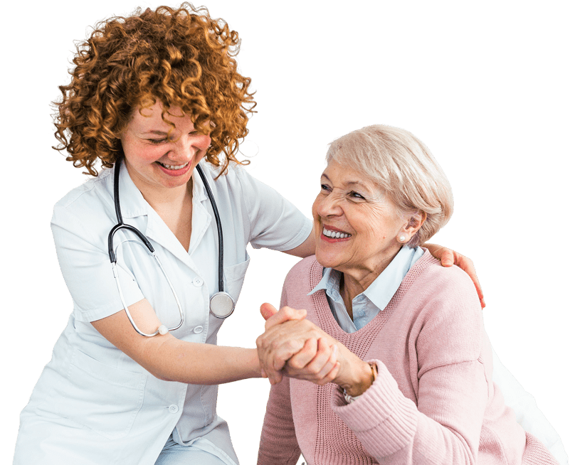 Nurse assisting smiling elderly woman, black background.