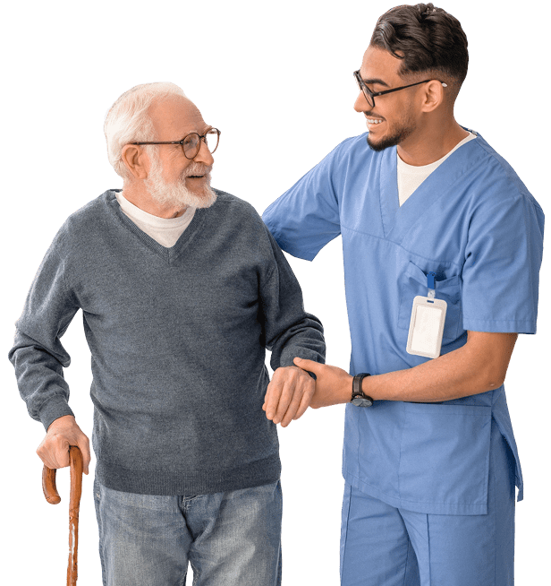 Caregiver supporting elderly man with cane.