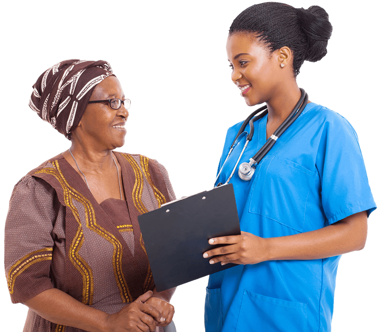 Nurse and elderly woman discussing medical chart.
