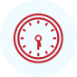 Red speedometer icon on white background.