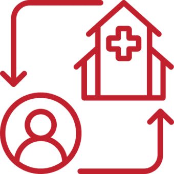 Red healthcare icon with arrows and person.