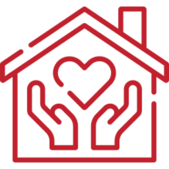 Red house with hands holding heart.