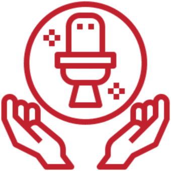 Red toilet icon with hands below.