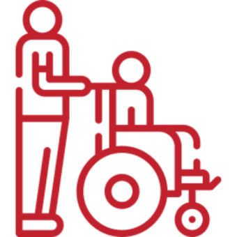 Person assisting wheelchair user, red outline icon.