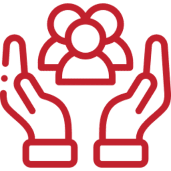 Hands holding people icon, red outline.