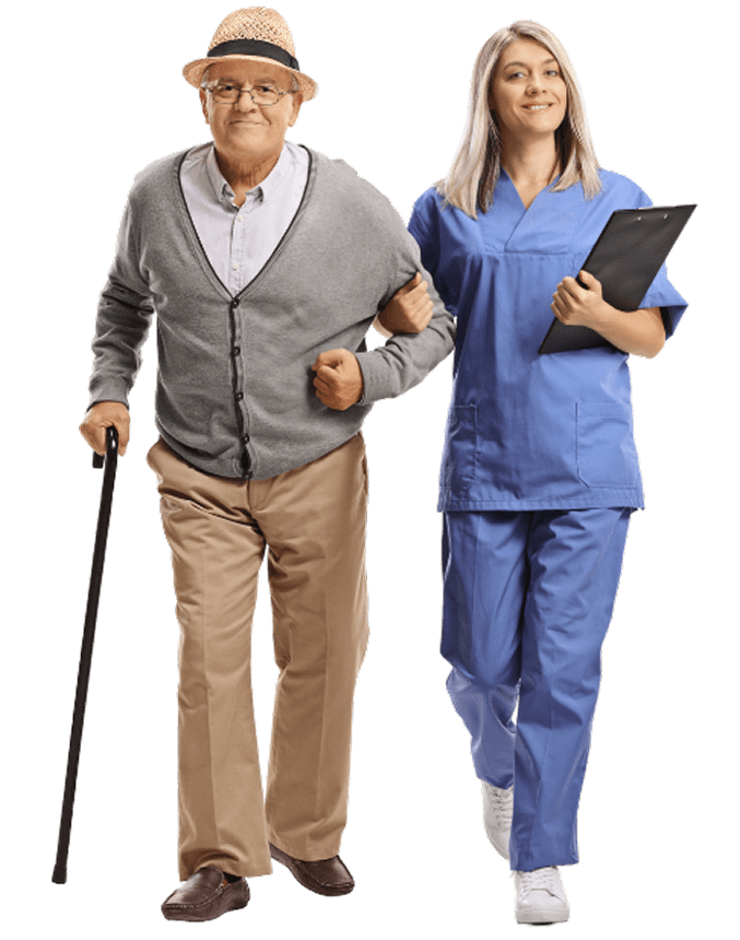 Elderly man assisted by smiling nurse.