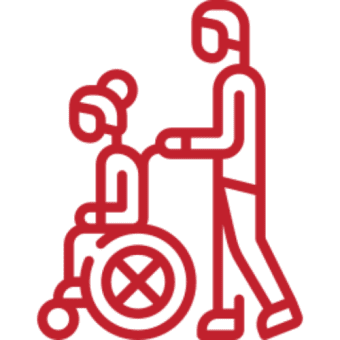 Person pushing wheelchair, simple red outline.