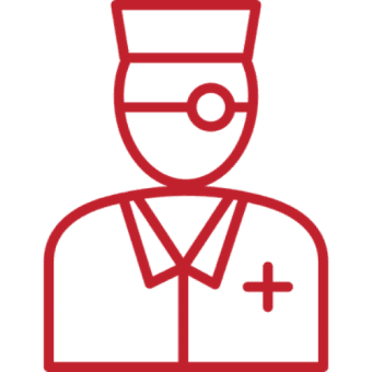 Red outline of a medical professional icon.